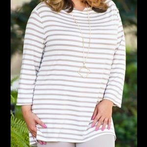 Perfectly Priscilla Khaki and Cream Striped Top 1X